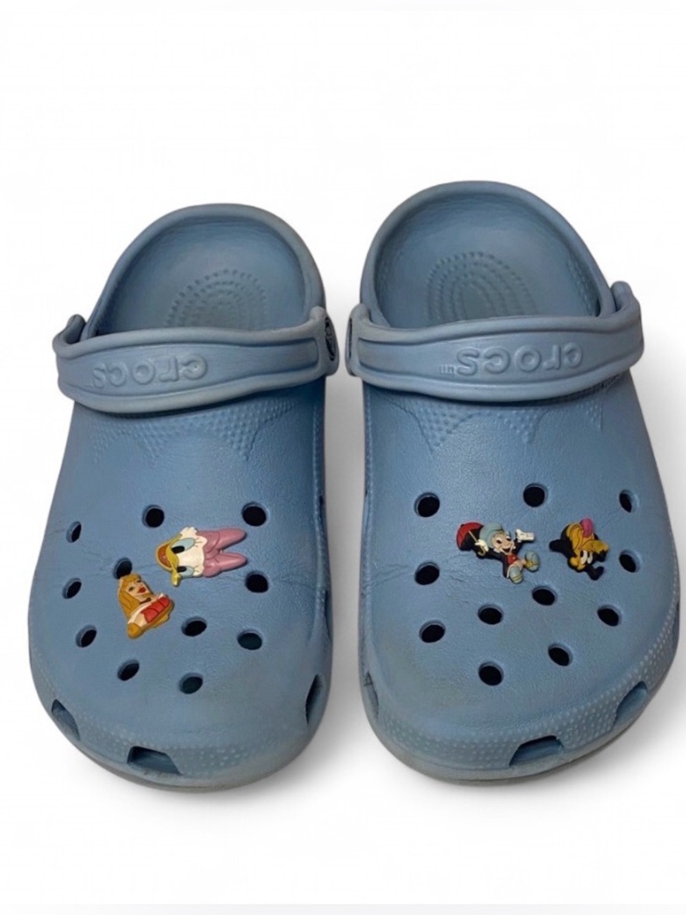 Crocs Blue Clogs W 8/9 M 6/7 Jibbitz  Daisy Aurora Jiminy Cricket
